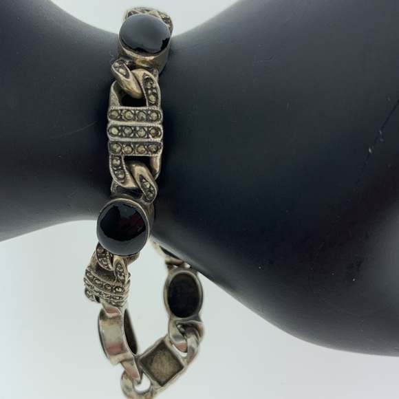 Vintage Marcasite, Onyx and Sterling Silver Bracelet - Picture 3 of 7
